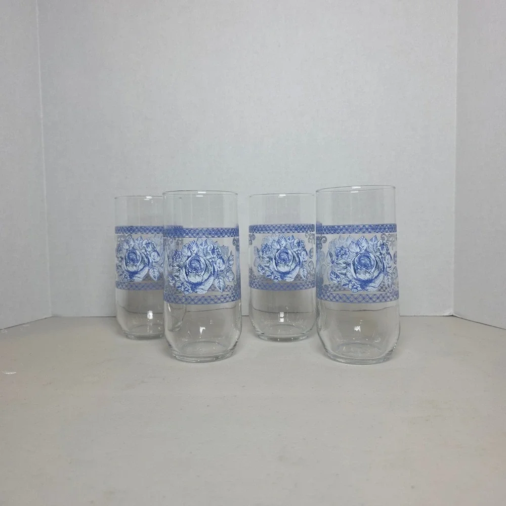 Vintage Honorine Arcopal Blue Rose Floral Glasses Set of 4 Cottagecore Tumblers